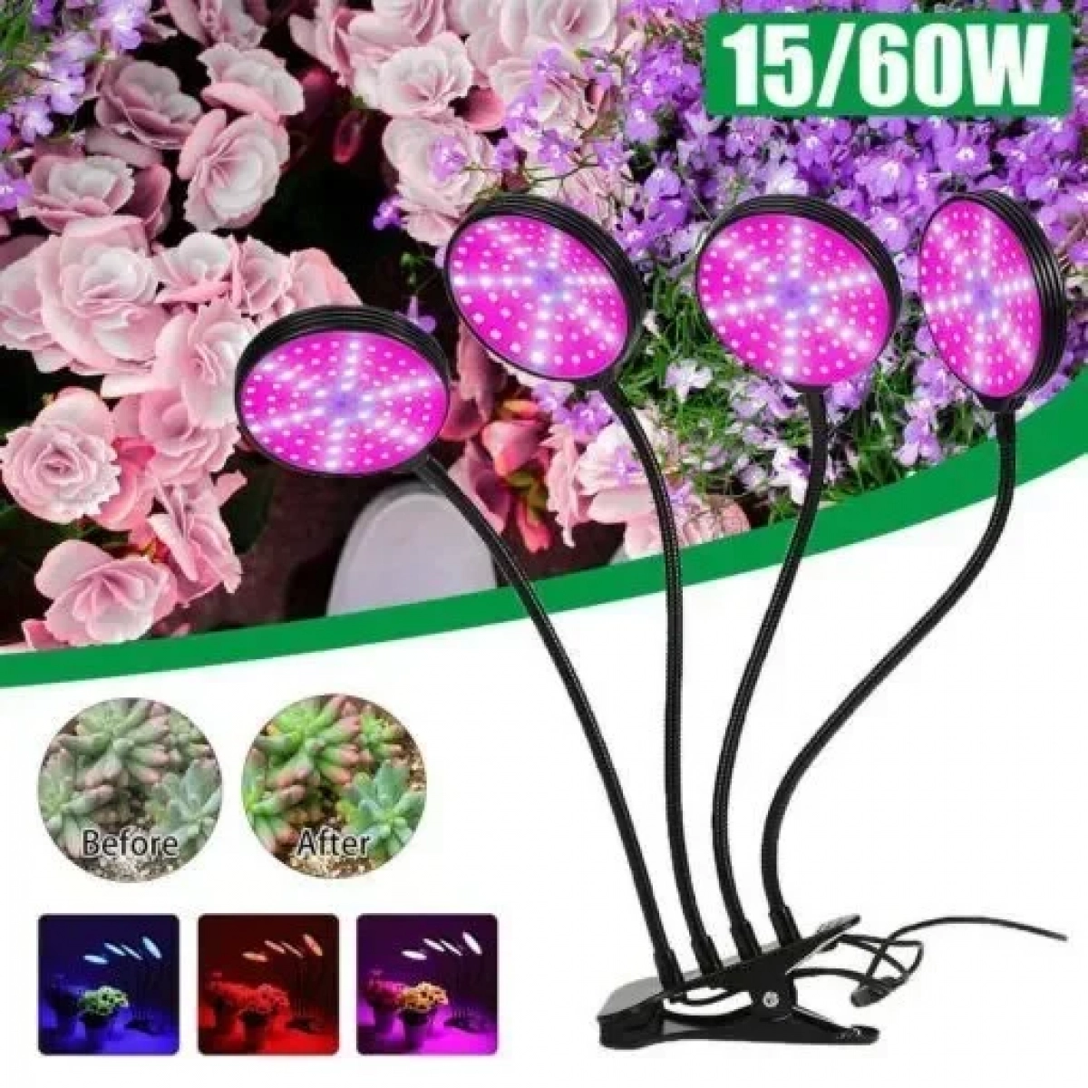 Τετραπλό Φωτιστικό LED USB Ανάπτυξης Φυτών με Λαβίδα Στήριξης -μαύρο