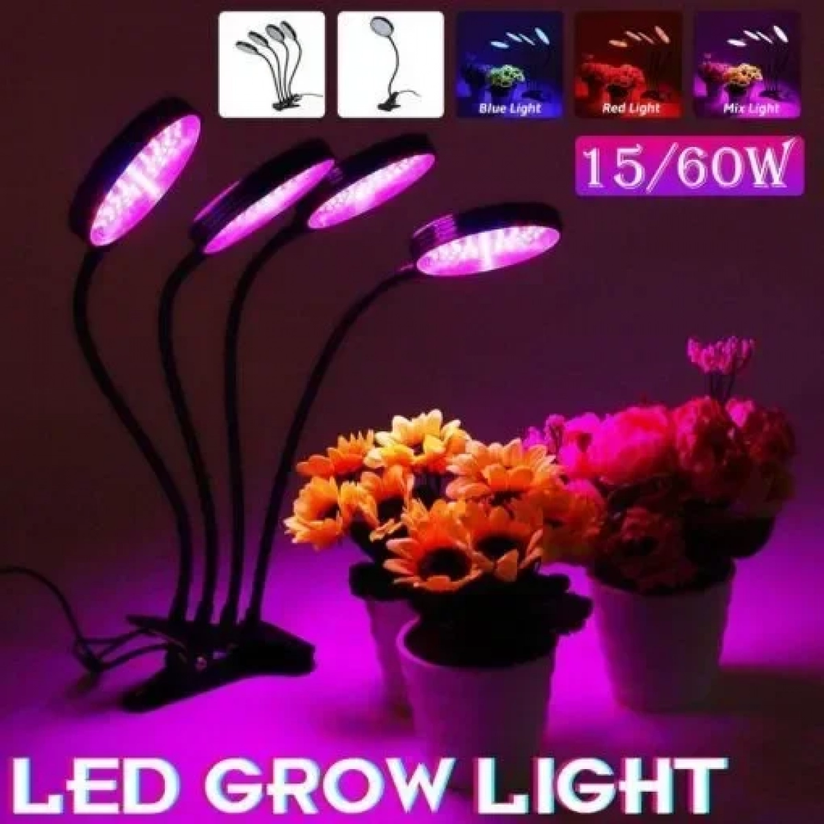 Τετραπλό Φωτιστικό LED USB Ανάπτυξης Φυτών με Λαβίδα Στήριξης -μαύρο