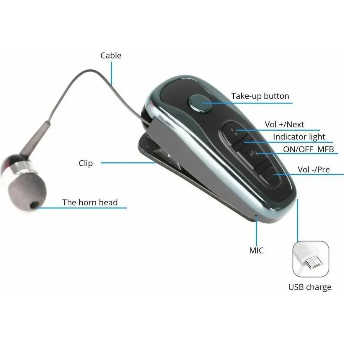 Ακουστικό Bluetooth Handsfree In-Ear KTR-Q7 ασημί - Image 2