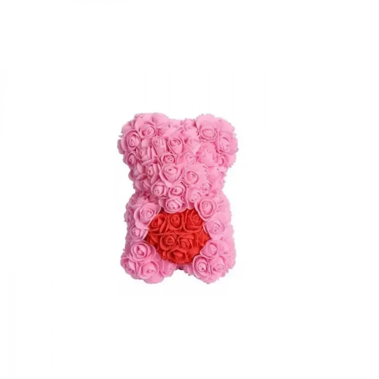 Αρκουδάκι από Τεχνητά Τριαντάφυλλα Ροζ Με Κόκκινη Καρδιά με Συσκευασία 25cm