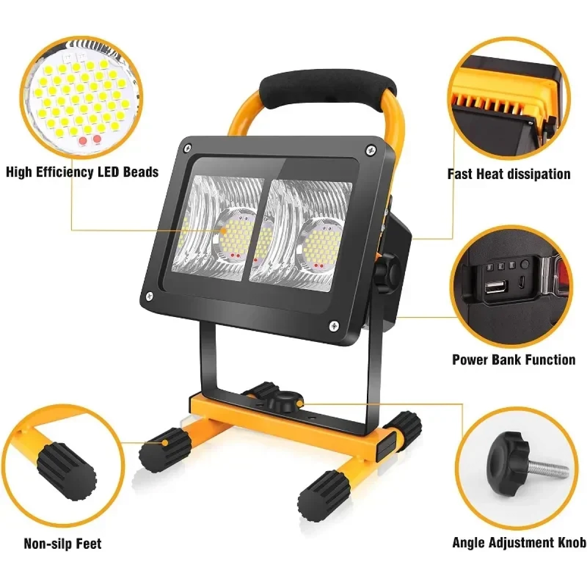 Φορητός Επαναφορτιζόμενος Προβολέας LED 60W USB OEM W864B – Μαύρο, Κίτρινο