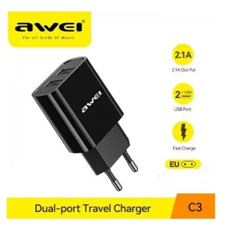 Φορτιστής Πρίζας 2 Θύρες USB 2.1A Fast Charging Awei C3