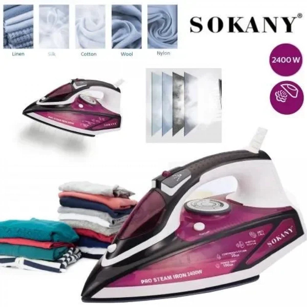 Επαγγελματικό σίδερο ατμού Sokany EL-8888 2400W Steam Iron Μωβ