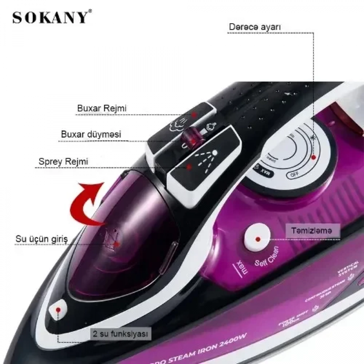 Επαγγελματικό σίδερο ατμού Sokany EL-8888 2400W Steam Iron Μωβ