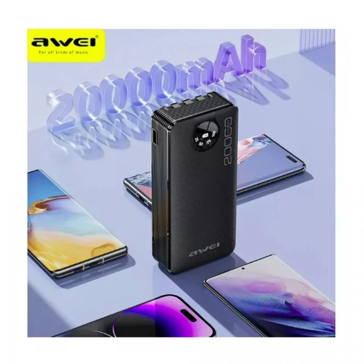 Awei P134K Power Bank 20000mAh με Θύρα USB-A και Θύρα USB-C Μαύρο - Photo8