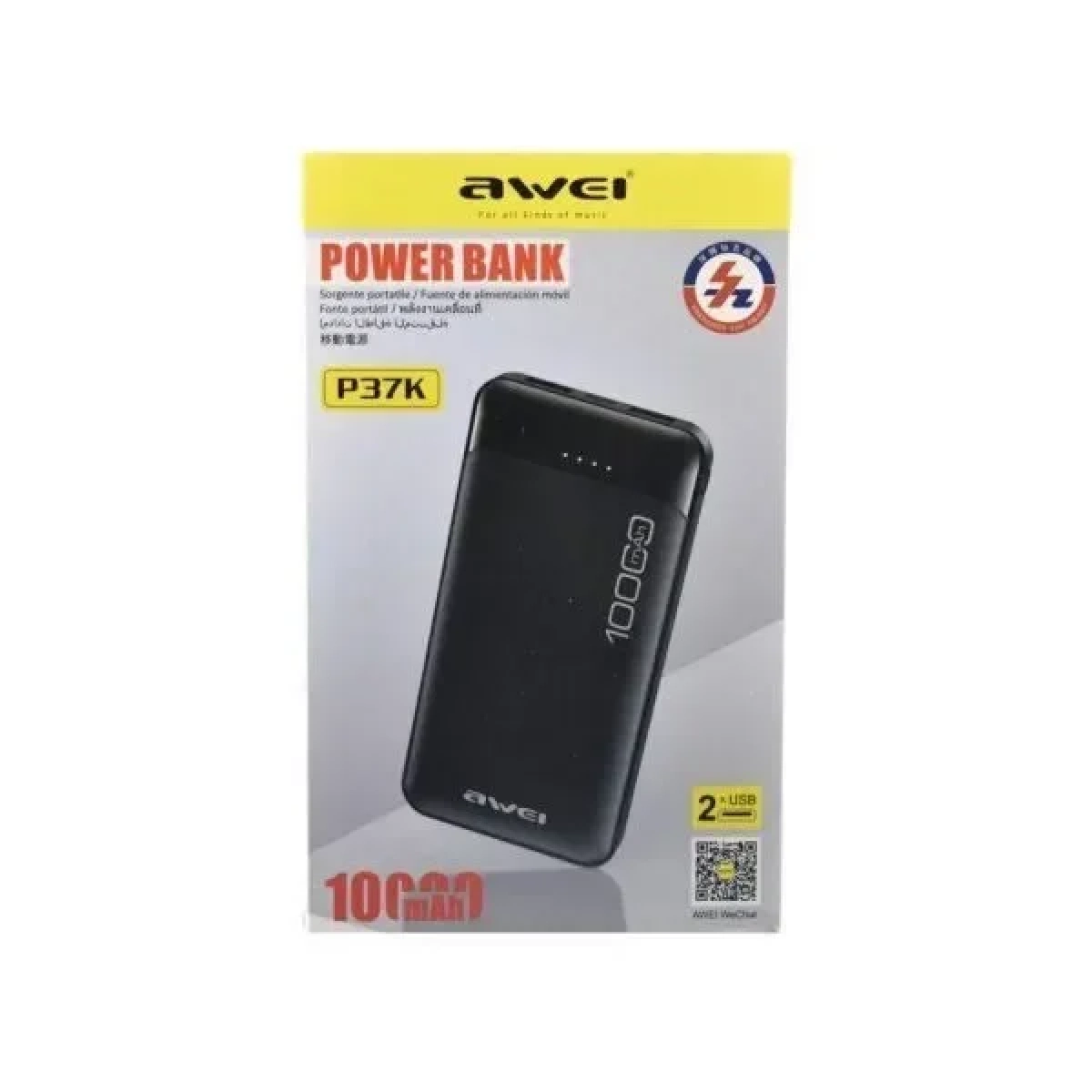 Power Bank 10000mAh με 2 Θύρες USB-A και Θύρα USB-C Μαύρο Awei P37K