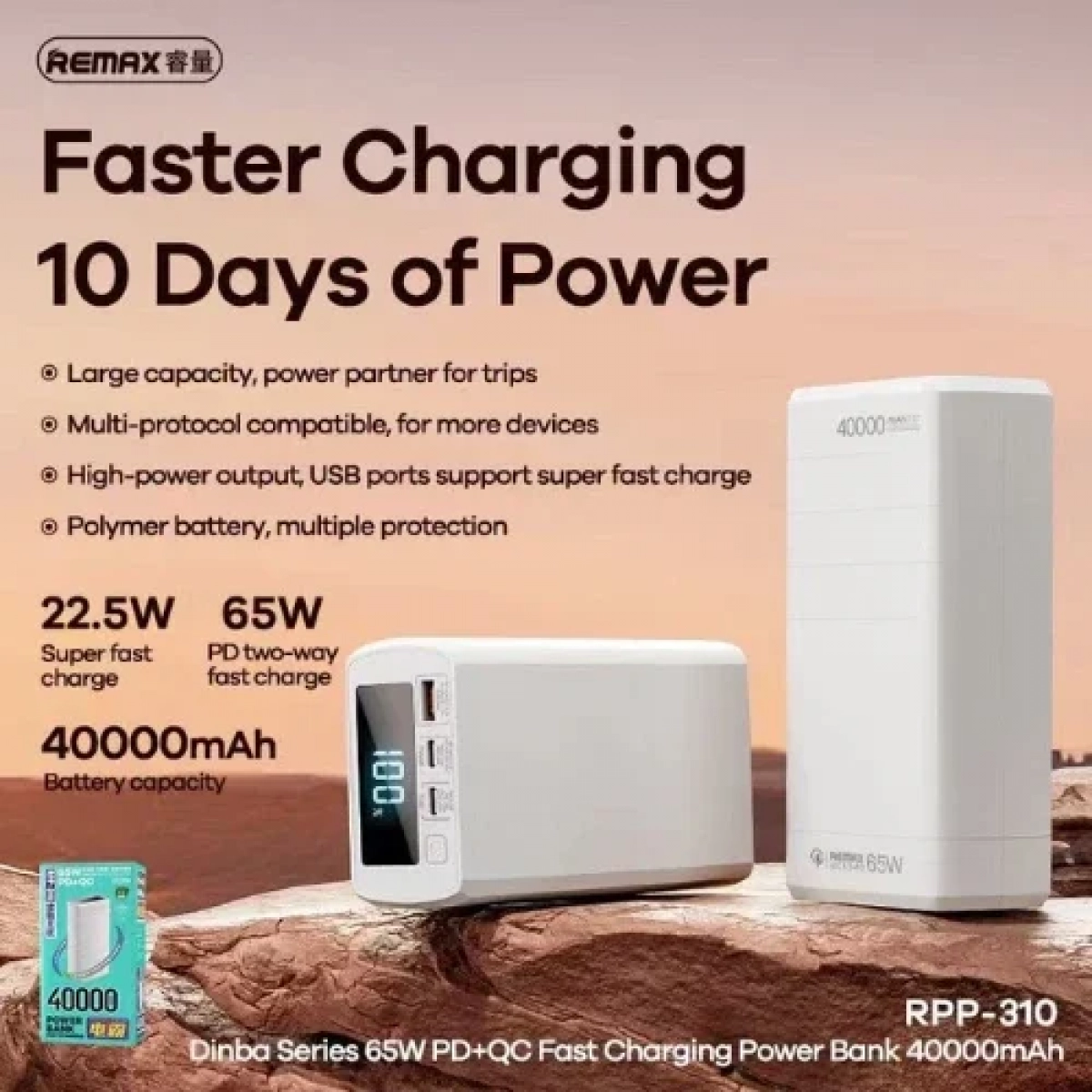 Remax RPP-310 Power Bank 40000mAh 65W με Θύρα USB-A και 2 Θύρες USB-C