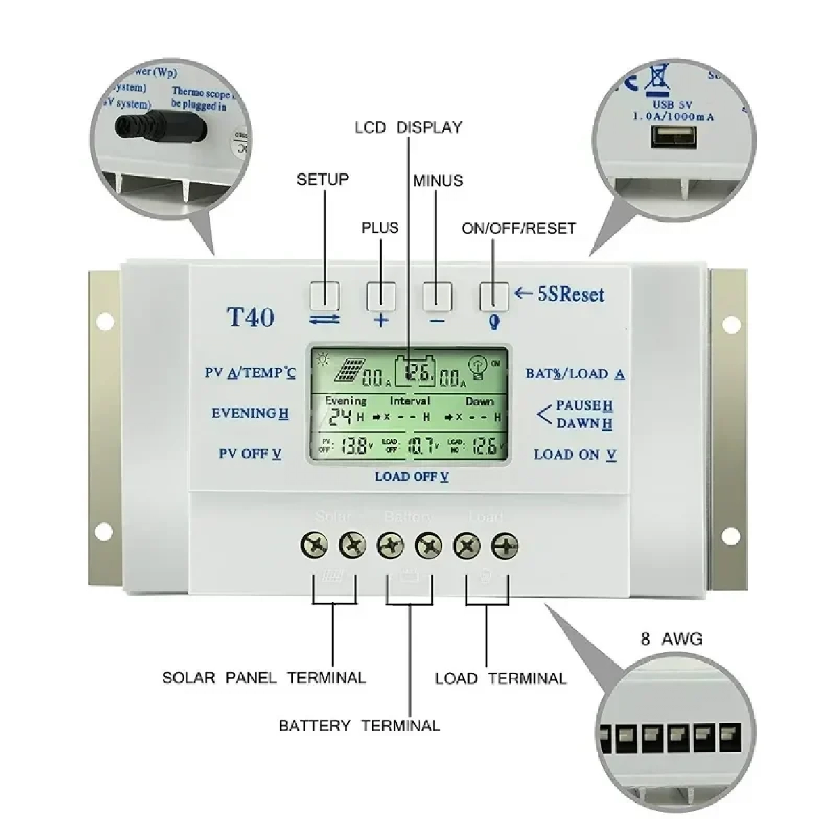Ρυθμιστής Φόρτισης PWM-MPPT LCD T40 40Ah 12V/24V