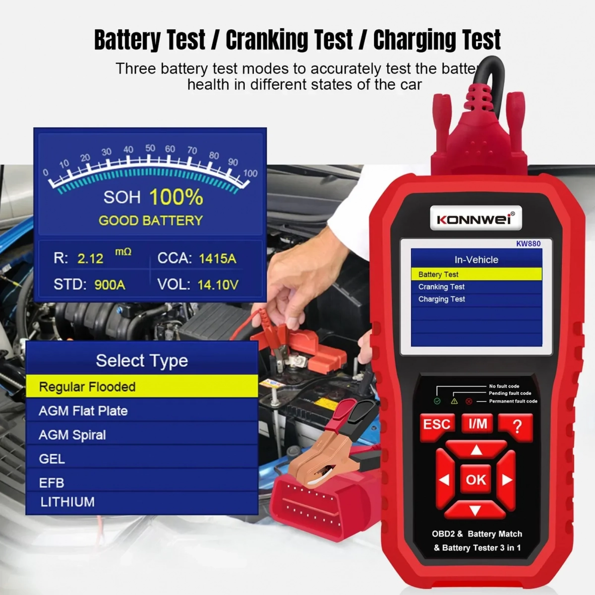 Konnwei KW880 Ψηφιακό Battery Tester με Κροκοδειλάκια