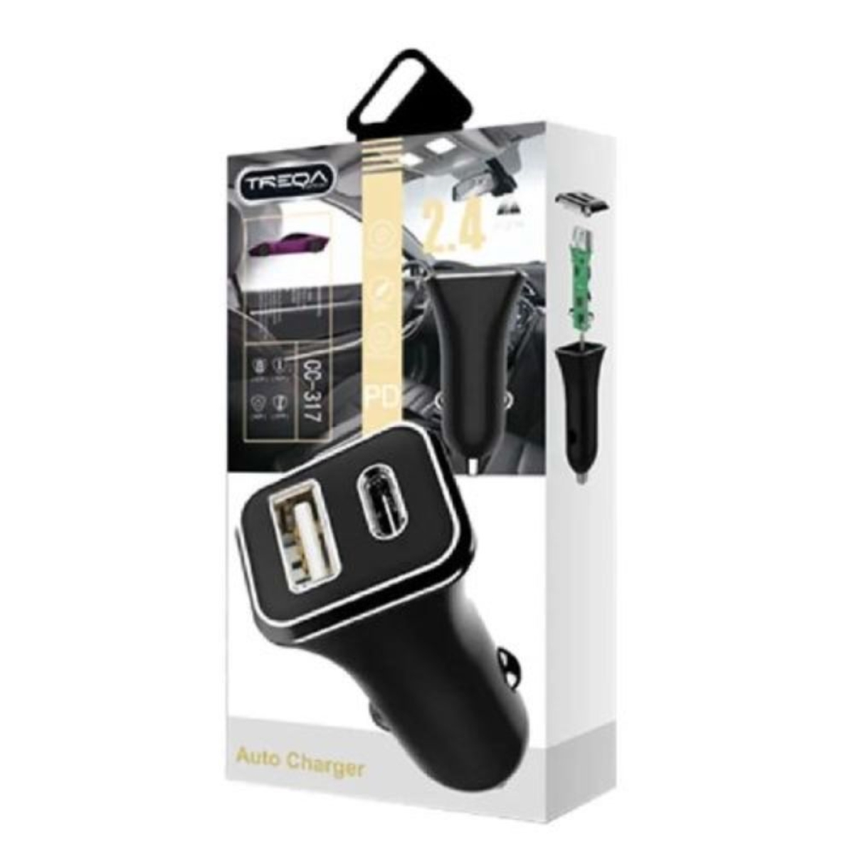 Φορτιστής αυτοκινήτου γρήγορης φόρτισης 38W 12V – 24V με 1 θύρα USB-A και 1 θύρα PD Type-C Treqa CC-317 μαύρο