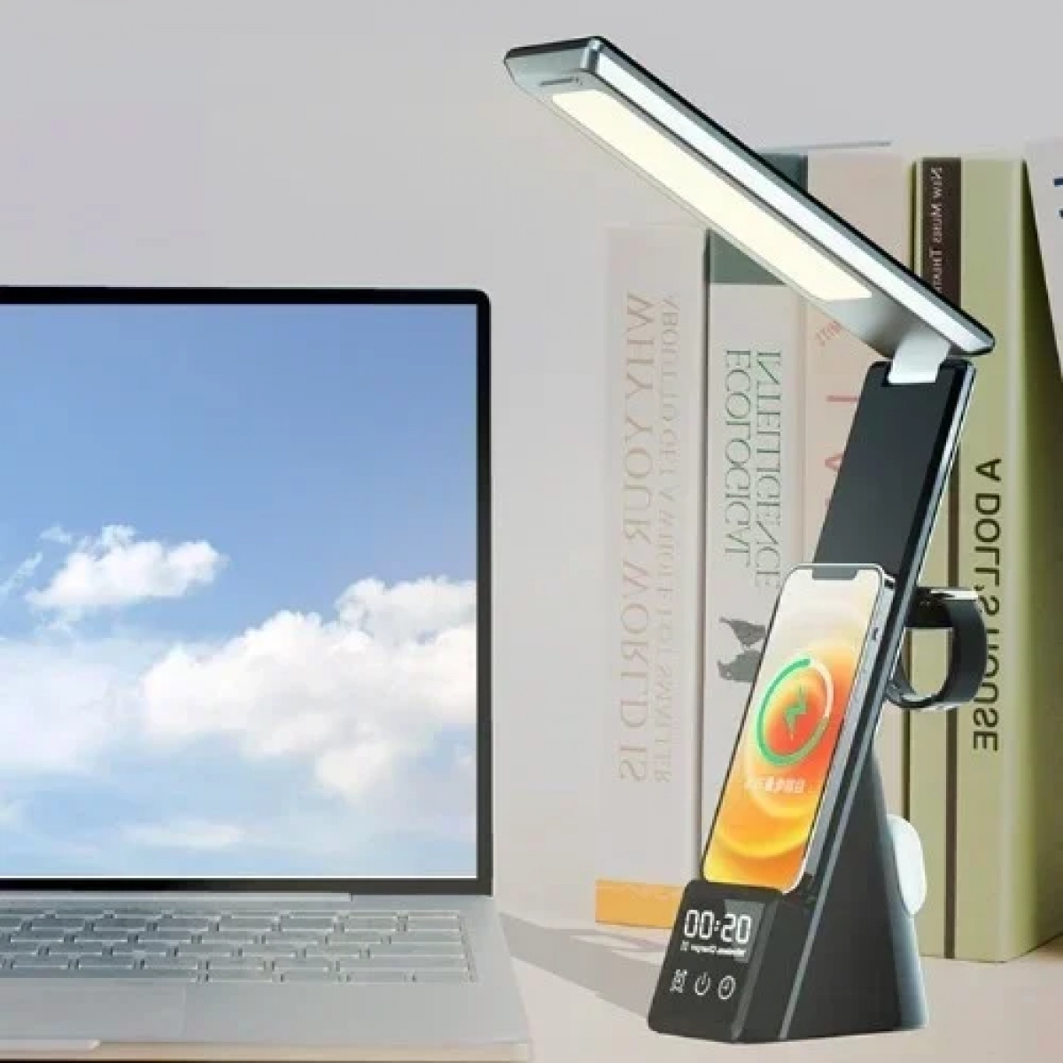Φωτιστικό γραφείου LED 5W με ρολόι, ξυπνητήρι & ασύρματη φόρτιση για το κινητό TR-2025 μαύρο - Image 3