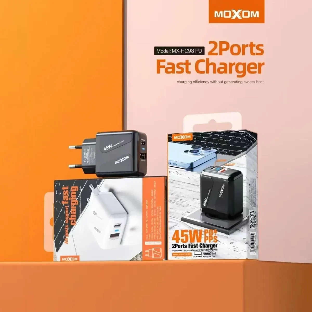 Moxom (MX-HC98) Φορτιστής Χωρίς Καλώδιο με Θύρα USB-A και USB-C 45W Power Delivery Μαύρος