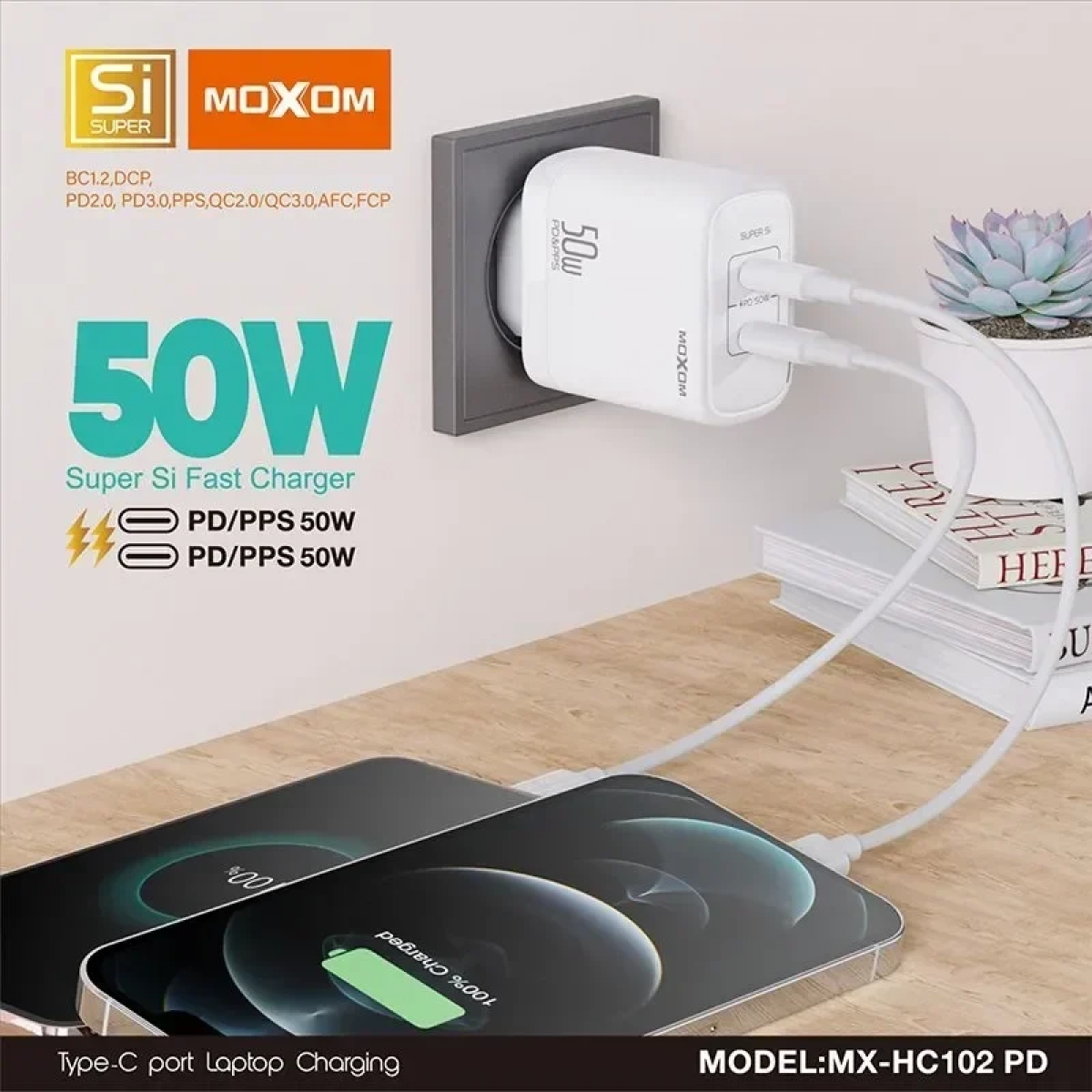 Moxom (MX-HC102) Φορτιστής 50W Με Καλώδιο Άσπρο