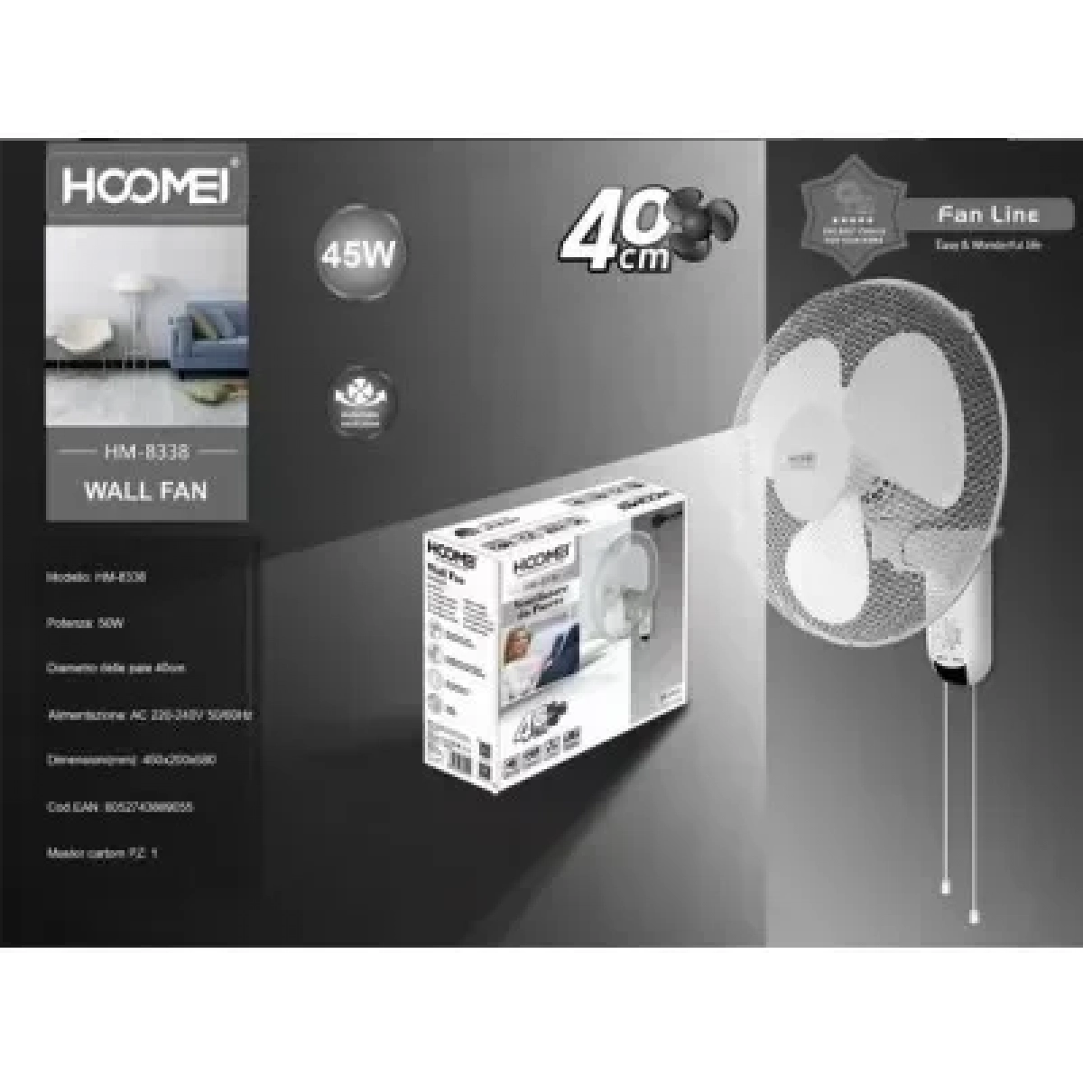Hoomei ΗΜ-8338 Ανεμιστήρας Τοίχου 50W Διαμέτρου 40cm