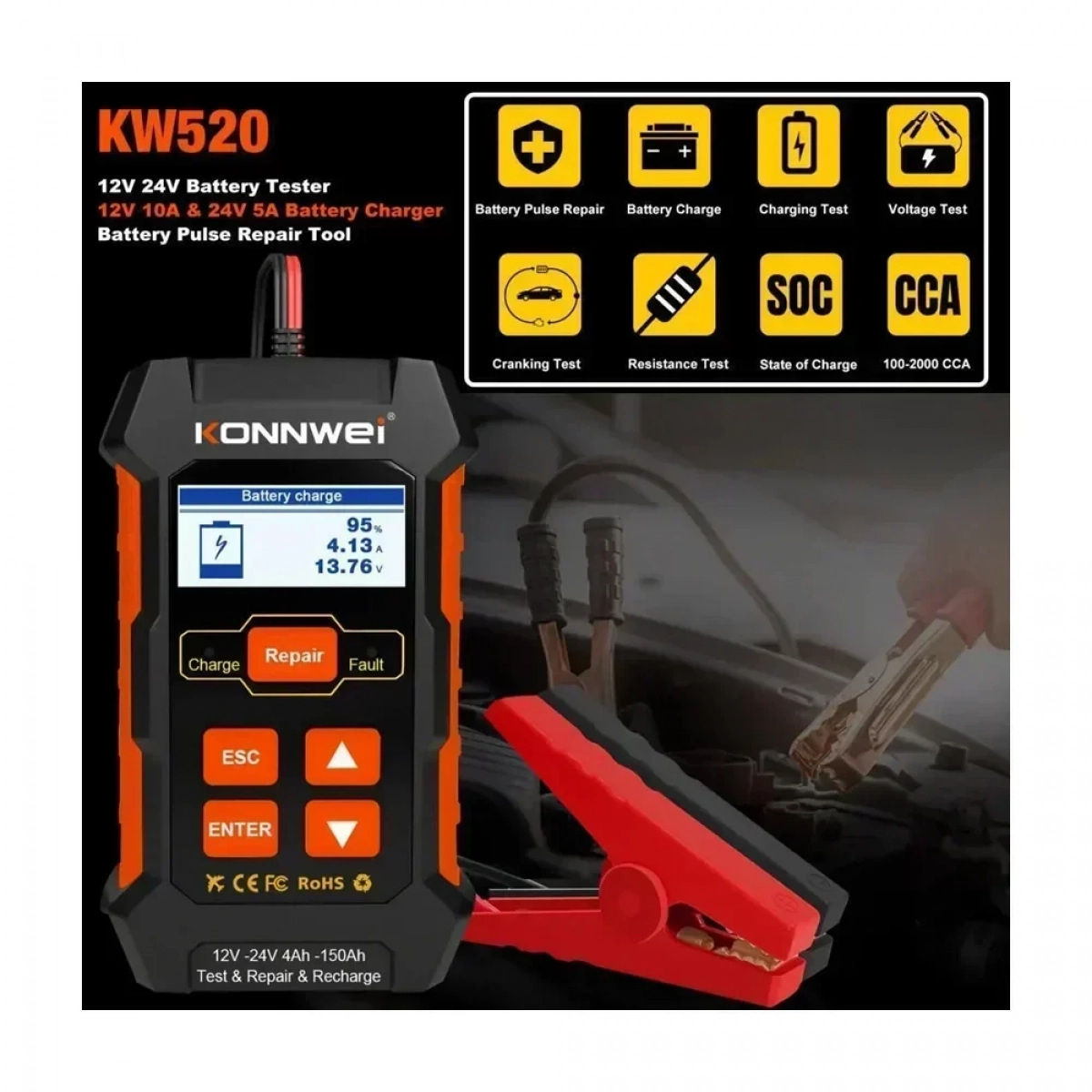 Konnwei KW-520 Ψηφιακό Battery Tester με Κροκοδειλάκια