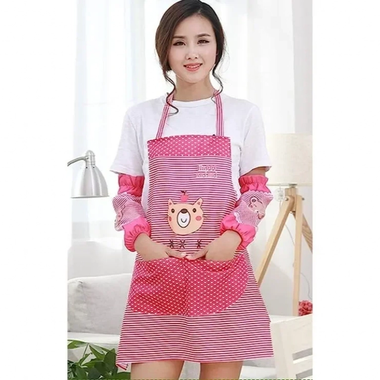 Σετ μαγειρική ποδιά με μανίκια πάνω από τον ώμο ΦΟΥΞΙΑ