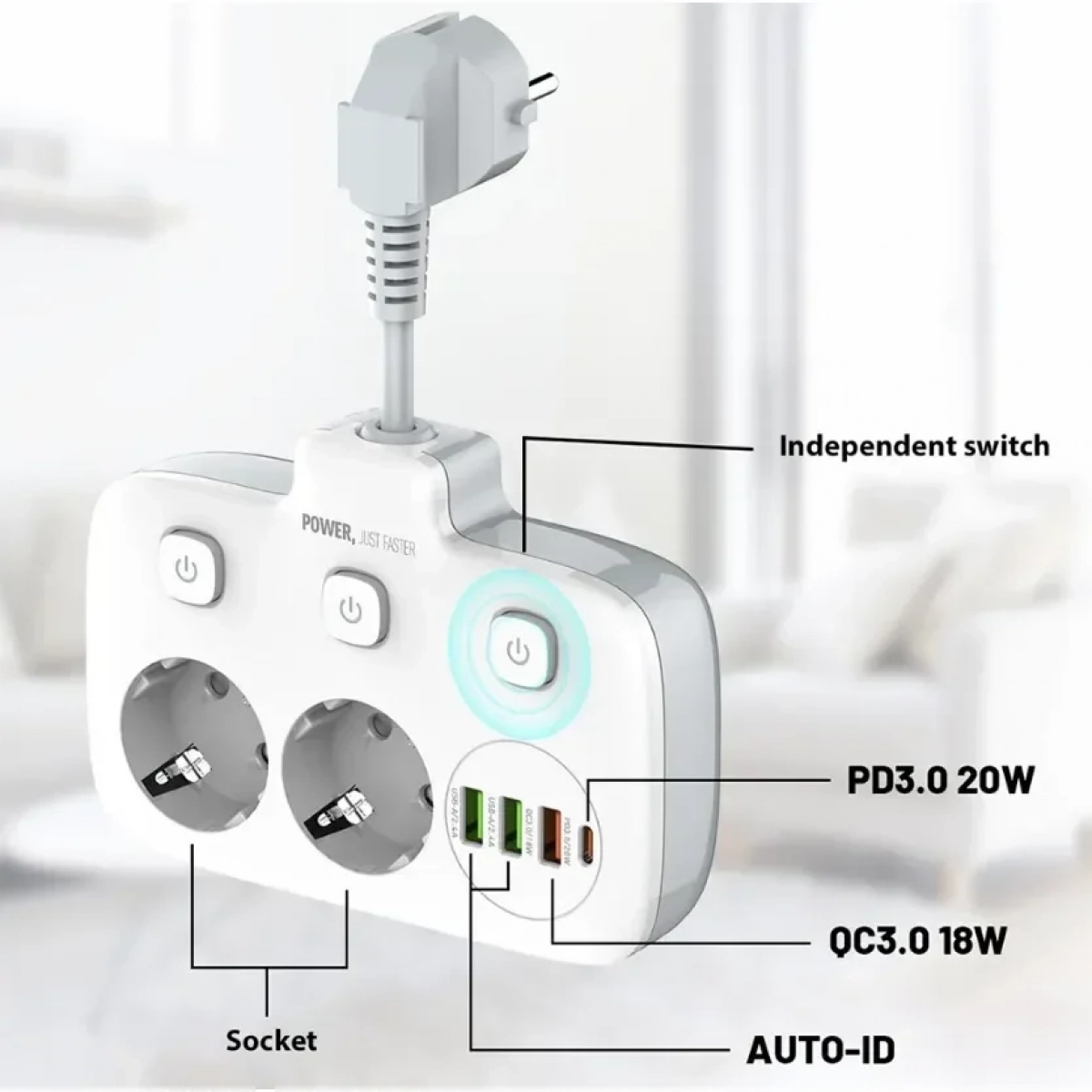 Πολύπριζο 2 θέσεων με διακόπτη και 3 USB 2500W Ldnio SE-2435 λευκό
