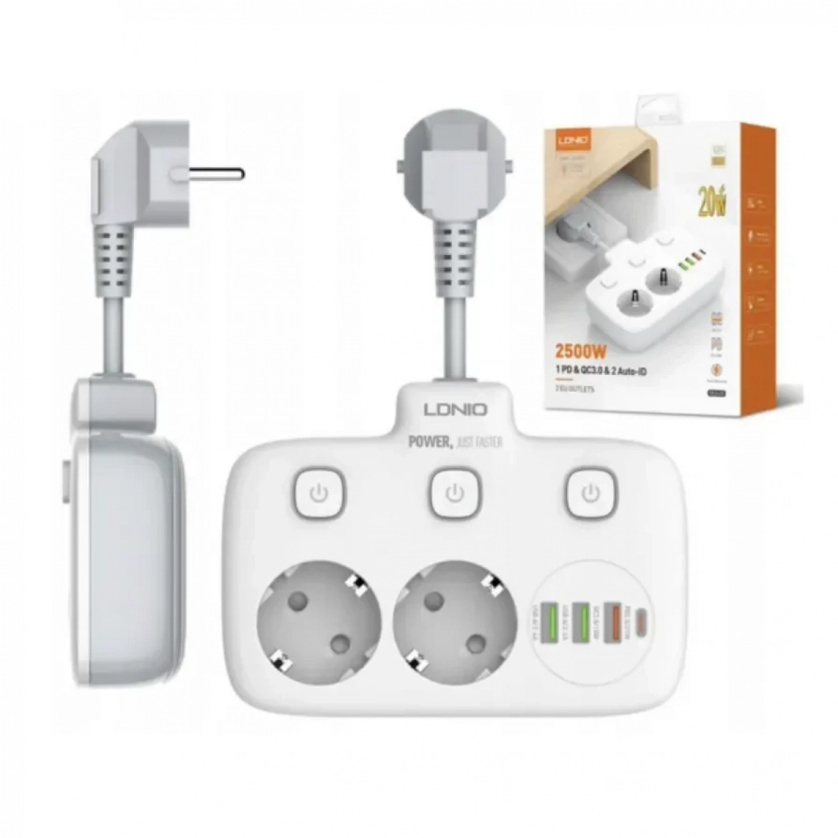 Πολύπριζο 2 θέσεων με διακόπτη και 3 USB 2500W Ldnio SE-2435 λευκό