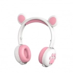 Ασύρματα Bluetooth On Ear Ακουστικά BK-5 με Αυτάκια Αρκούδας Ροζ Λευκό