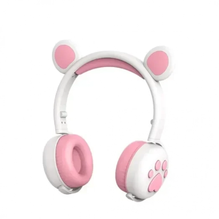 Ασύρματα Bluetooth On Ear Ακουστικά BK-5 με Αυτάκια Αρκούδας Ροζ Λευκό