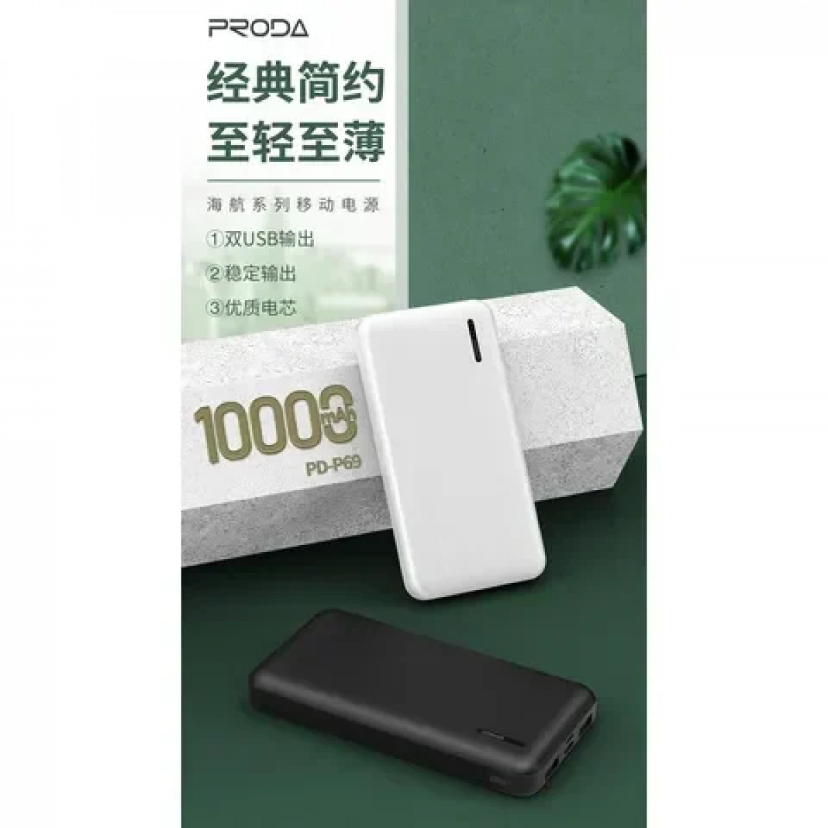 Proda Azeada PD-P69 Power Bank 10000mAh με 2 Θύρες USB-A ΛΕΥΚΟ