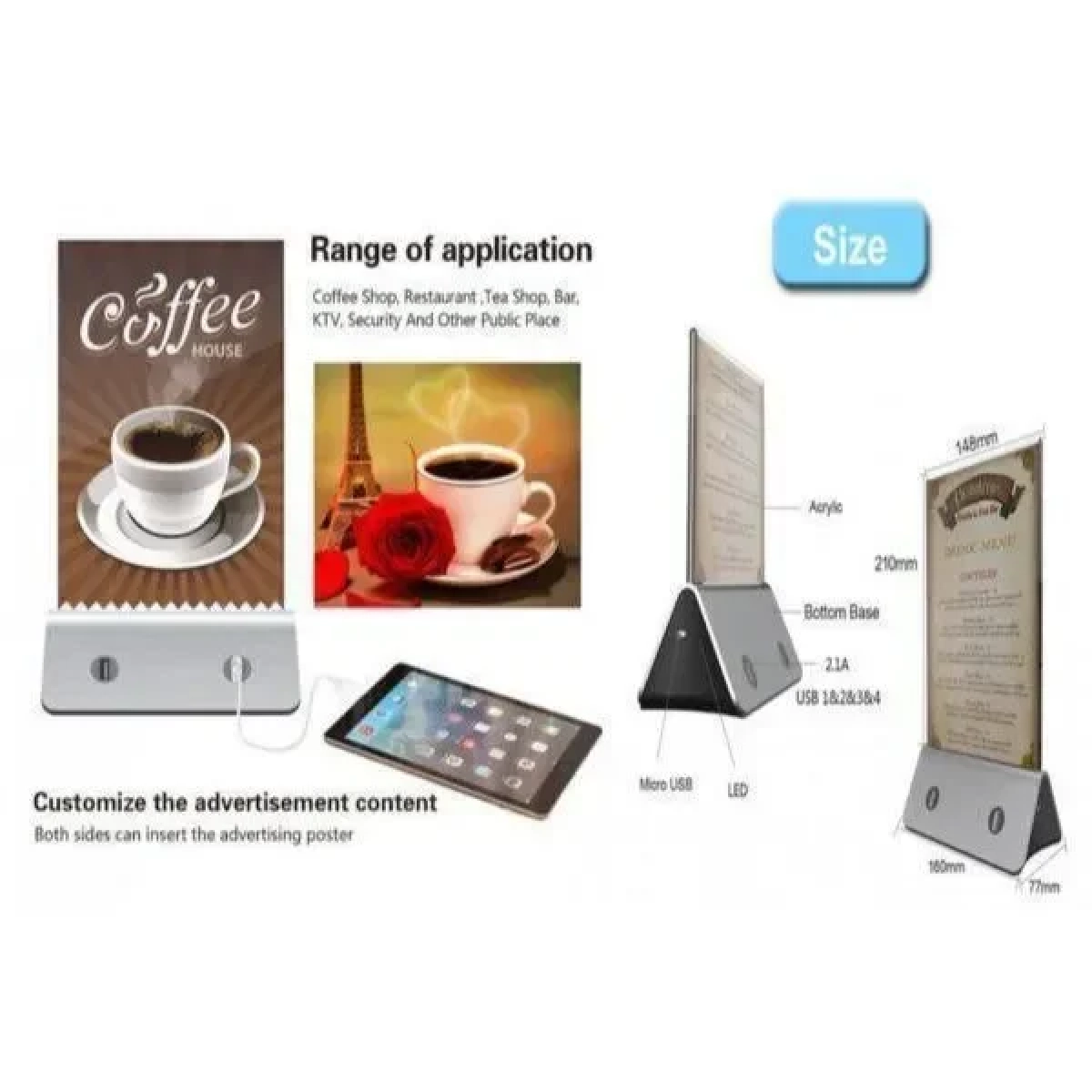 Power Bank με 4 x USB & LED Βάση Καταλόγου για Καφετέριες, Bar, Εστιατόρια & Χώρους Εστίασης - Μπαταρία Φόρτισης Κινητών, Tablet Ασημί