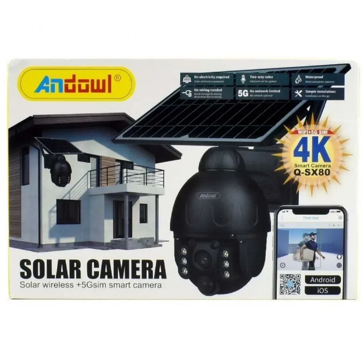 Ηλιακή Ασύρματη IP Κάμερα Ασφαλείας 4K HD 5MP WiFi+5G SIM PTZ & Φωτισμό LED Andowl Q-SX80 – Μαύρο