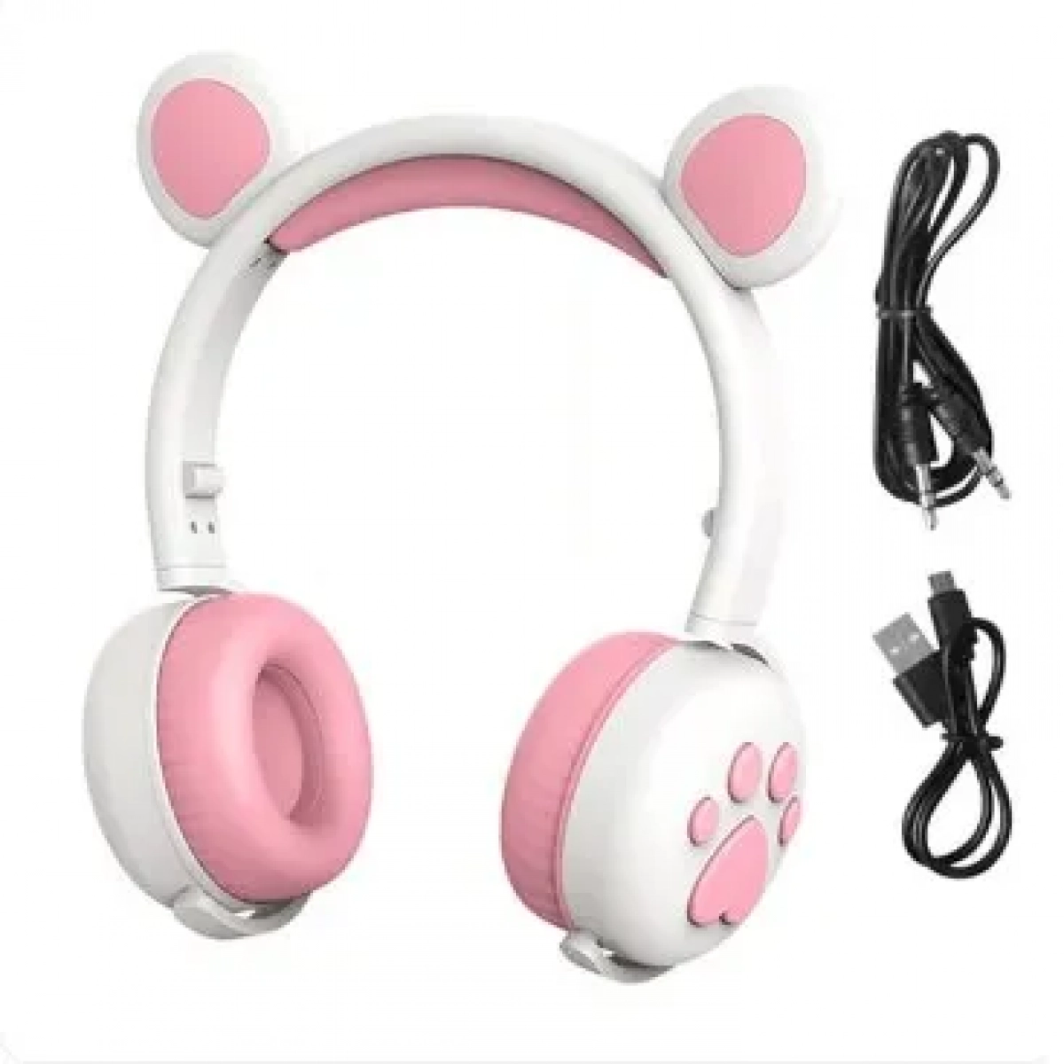 Ασύρματα Bluetooth On Ear Ακουστικά BK-5 με Αυτάκια Αρκούδας Ροζ Λευκό