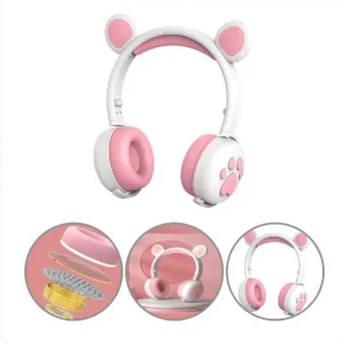 Ασύρματα Bluetooth On Ear Ακουστικά BK-5 με Αυτάκια Αρκούδας Ροζ