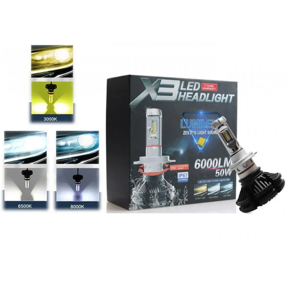 LED φώτα αυτοκινήτου H1, 50W, 6000L 6500K – X3 Led headlights Lumileds - Image 2