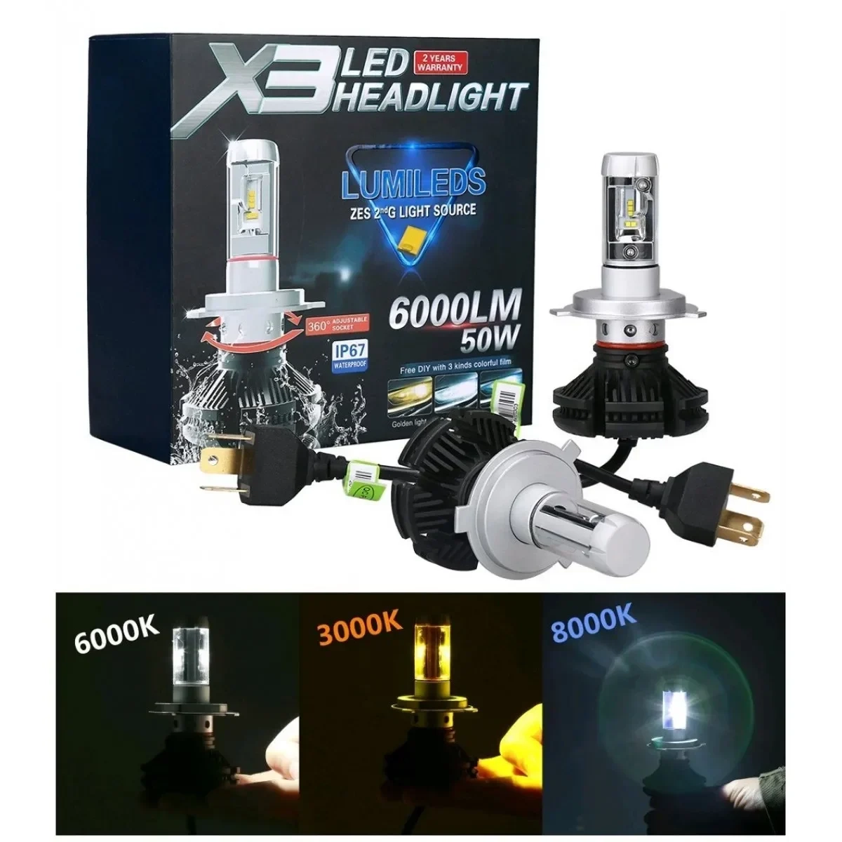 LED φώτα αυτοκινήτου H1, 50W, 6000L 6500K – X3 Led headlights Lumileds