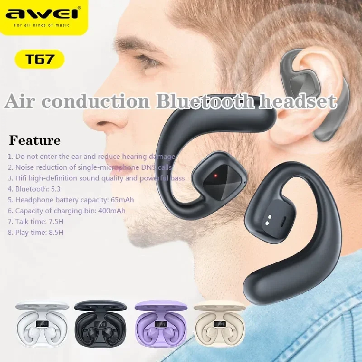 Ασύρματα αθλητικά ακουστικά Bluetooth Awei T67 Λευκό Χρώμα