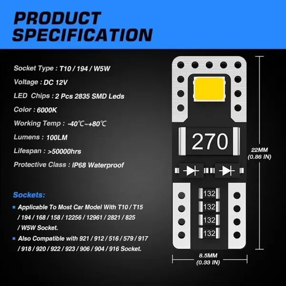 T10 LED 12V 2 SMD 2835 CANBUS 100LM 2W ψυχρό λευκό 6000K 2 τεμάχια A500 T10-2 NOVSIGHT