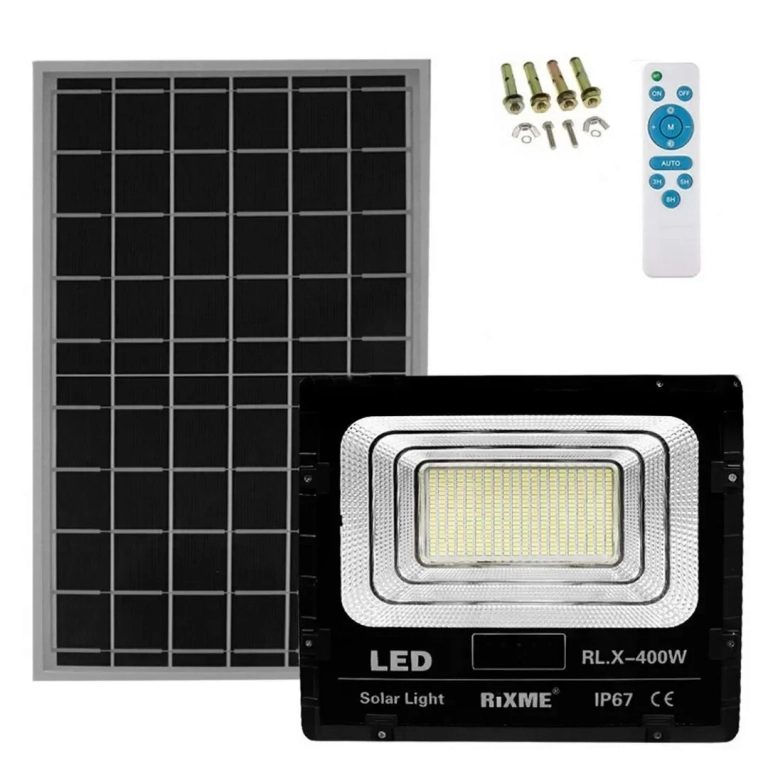 Rixme Στεγανός Ηλιακός Προβολέας IP66 Ισχύος 400W με Τηλεχειριστήριο και Ψυχρό Λευκό Φως σε Μαύρο χρώμα RL.X-400W