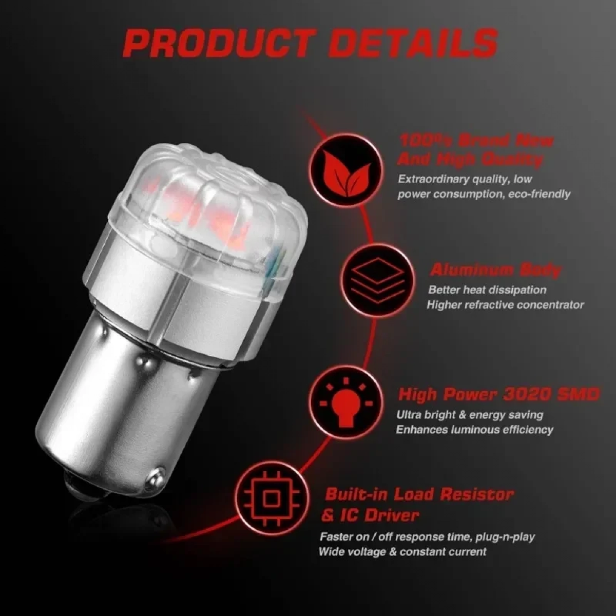 Μονοπολική λάμπα LED 1156 BA15S 12V 9 SMD 3020 9W 288LM κόκκινο 2 τεμάχια A500 SL2 1156R NOVSIGHT