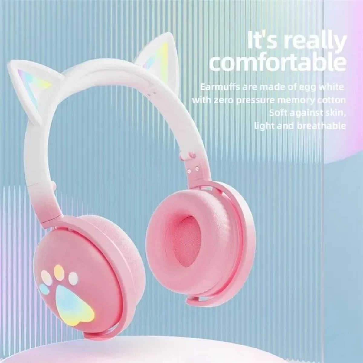 Ασύρματα Ακουστικά Bluetooth KE28 Cute Cat Ears με Αποσπώμενο Μικρόφωνο σε Ροζ-Λευκό χρώμα