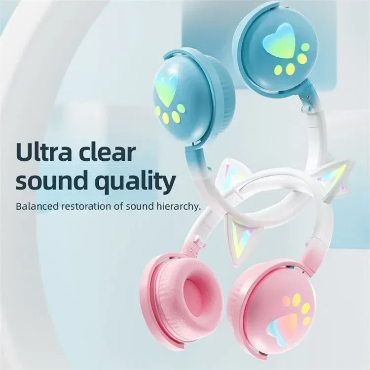 Ασύρματα Ακουστικά Bluetooth KE28 Cute Cat Ears με Αποσπώμενο Μικρόφωνο σε Ροζ-Μπλε χρώμα