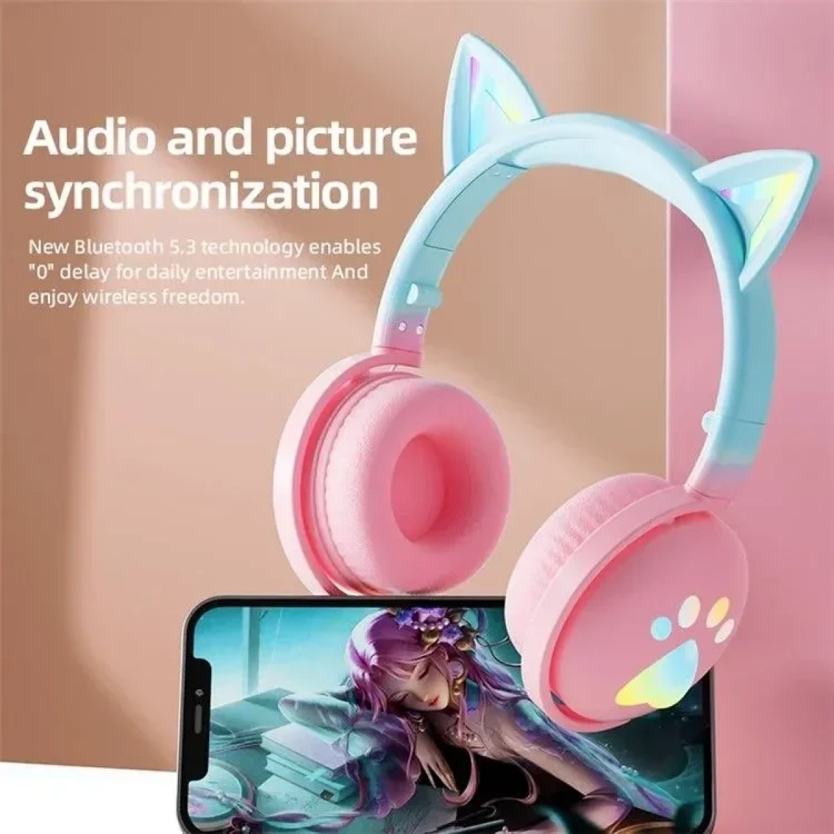 Ασύρματα Ακουστικά Bluetooth KE28 Cute Cat Ears με Αποσπώμενο Μικρόφωνο σε Ροζ-Μπλε χρώμα