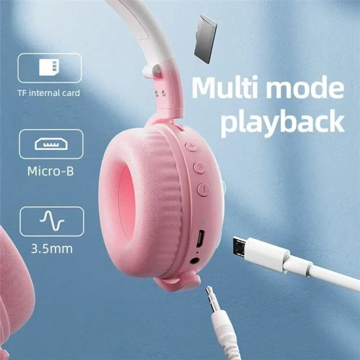 Ασύρματα Ακουστικά Bluetooth KE28 Cute Cat Ears με Αποσπώμενο Μικρόφωνο σε Ροζ-Λευκό χρώμα