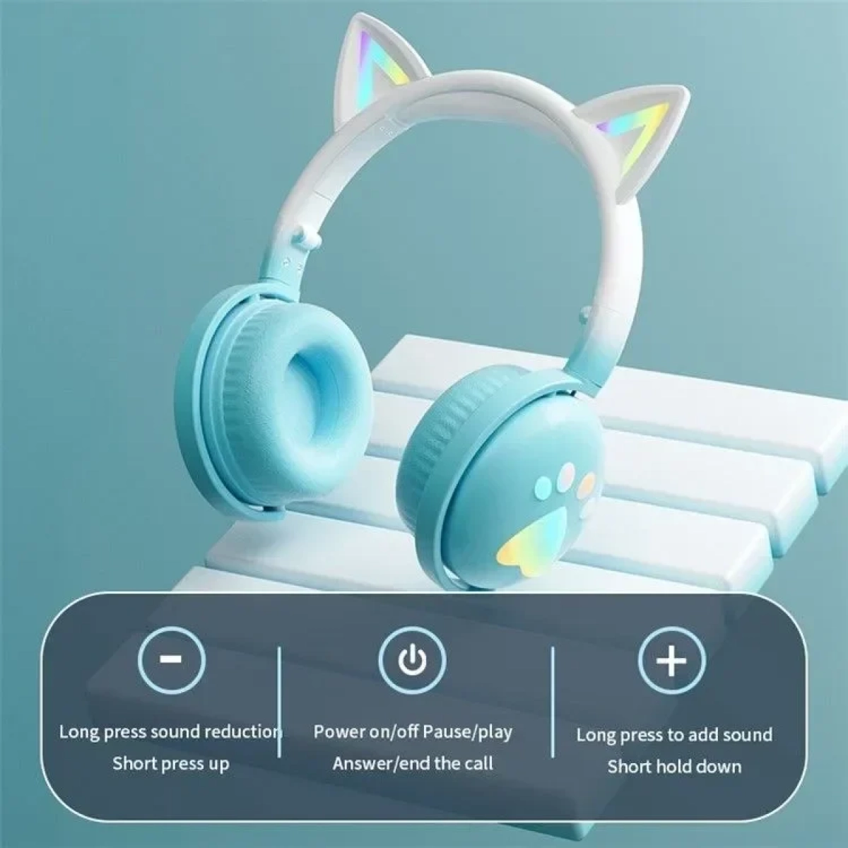 Ασύρματα Ακουστικά Bluetooth KE28 Cute Cat Ears με Αποσπώμενο Μικρόφωνο σε Μπλε-Λευκό Χρώμα