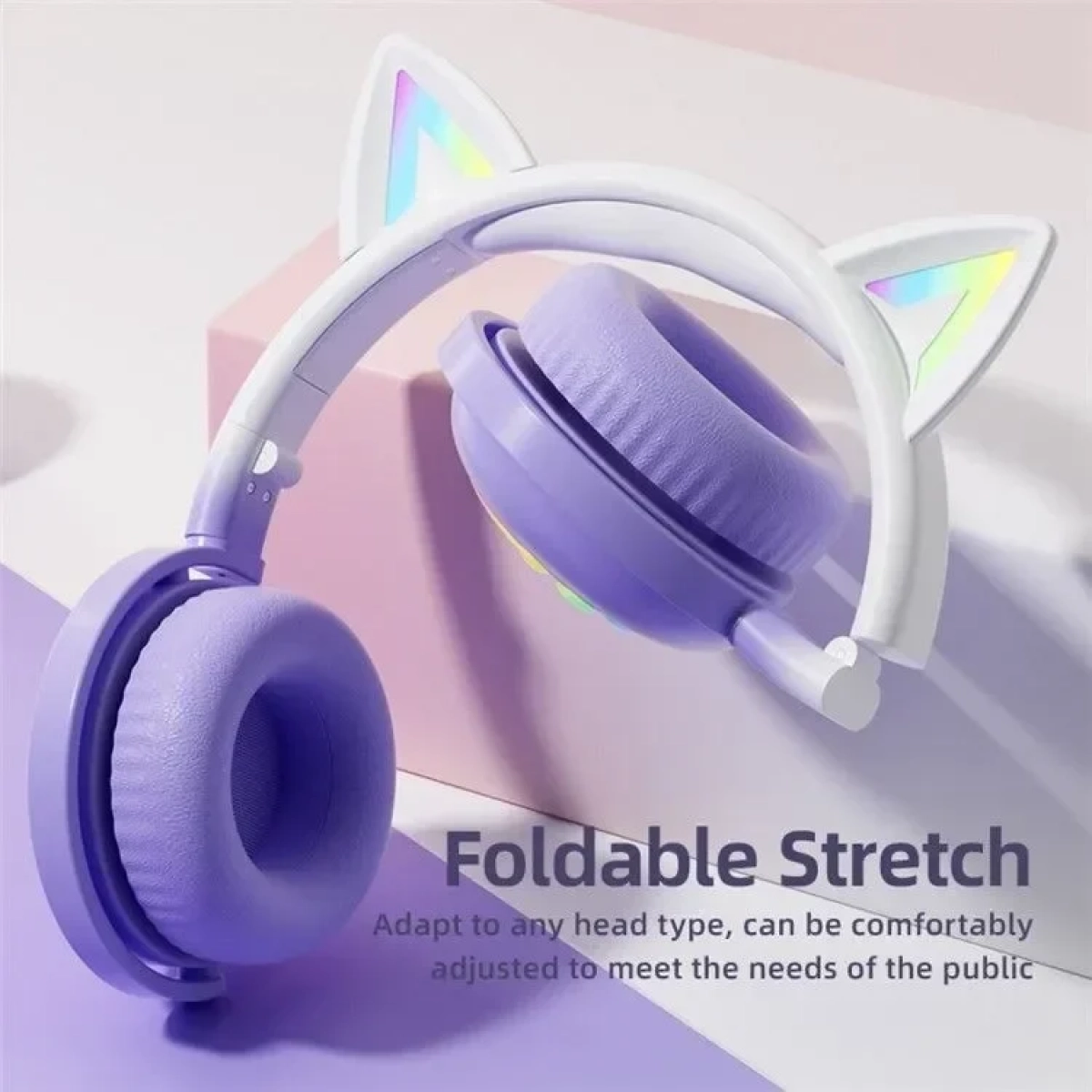 Ασύρματα Ακουστικά Bluetooth KE28 Cute Cat Ears με Αποσπώμενο Μικρόφωνο σε Μωβ-Λευκό χρώμα
