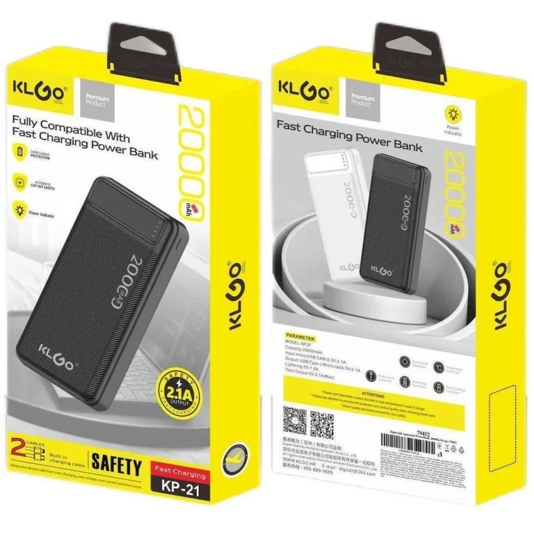 KLGO KP-21 Power Bank 20000mAh με 2 Θύρες USB-A Μαύρο