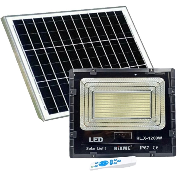 Αδιάβροχος Ηλιακός Προβολέας 1200W με Φωτοβολταϊκό Πάνελ, Τηλεκοντρόλ & Χρονοδιακόπτη - Solar Panel IP67 RIXME RL.X-1200W