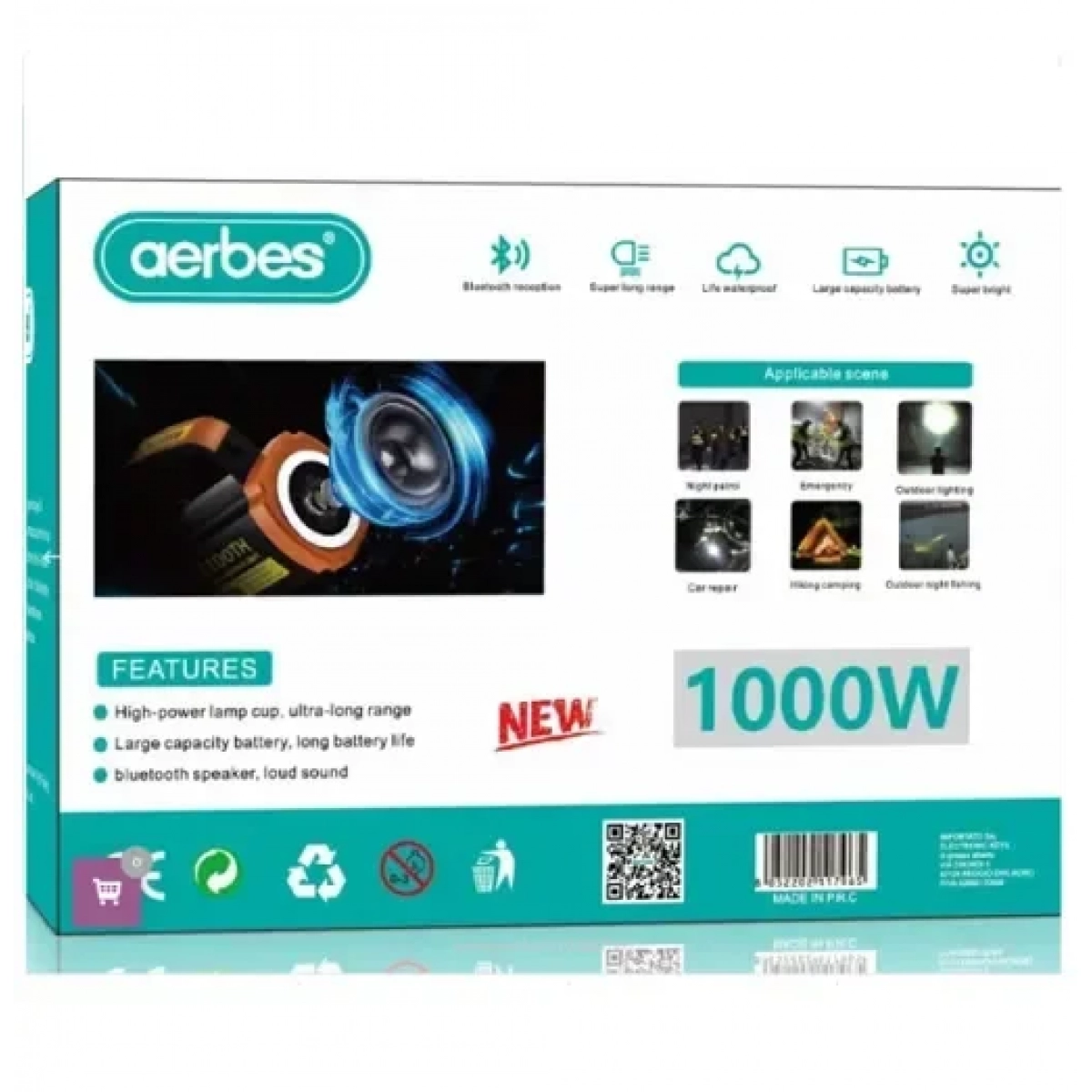 Επαναφορτιζόμενος φακός χειρός LED 1000W με ενσωματωμένο ηχείο Aerbes AB-Z1155 - Image 3