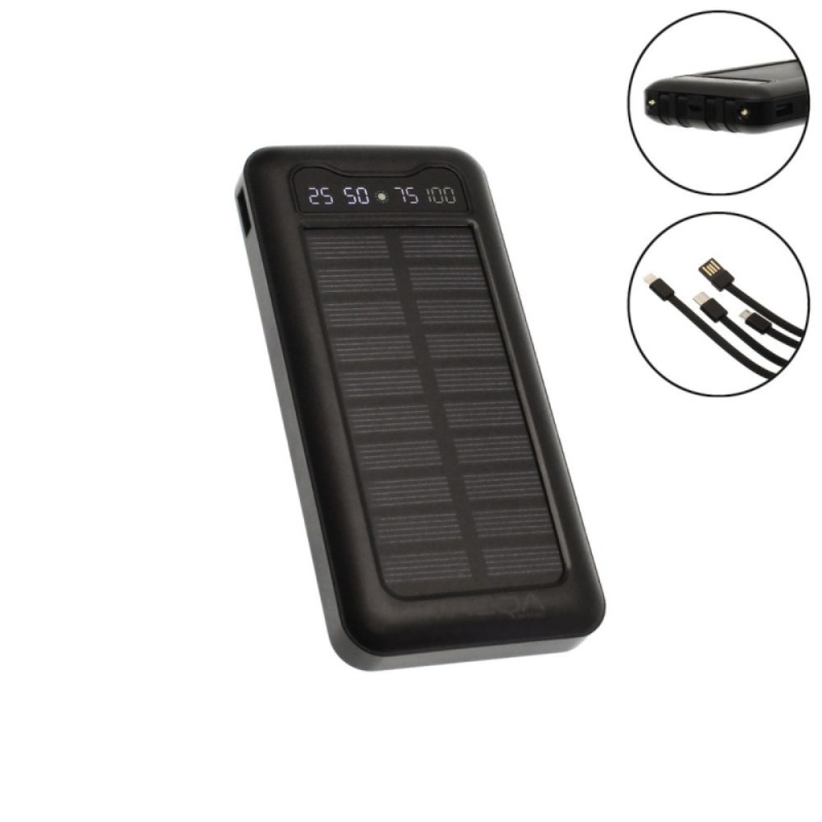 Ηλιακό Powerbank 10000mAh με ενσωματωμένα καλώδια φόρτισης, θύρα USB-A Treqa TR-946 μαύρο