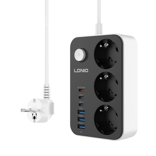 Πολύπριζο Ασφαλείας LDNIO SE3631C με 3 Πρίζες, 3 USB & 3 USB-C, Διακόπτη και Καλώδιο 2m