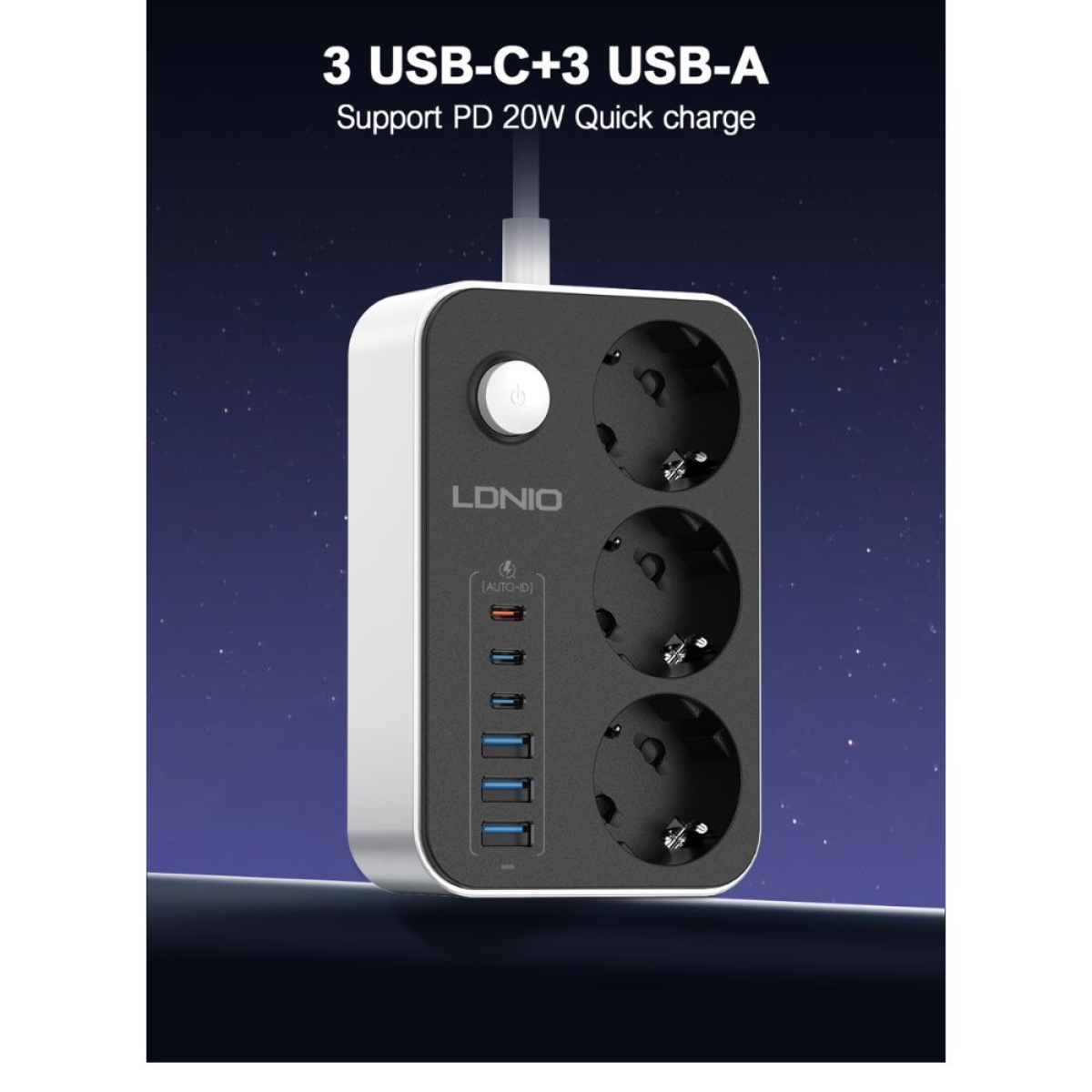 Πολύπριζο Ασφαλείας LDNIO SE3631C με 3 Πρίζες, 3 USB & 3 USB-C, Διακόπτη και Καλώδιο 2m