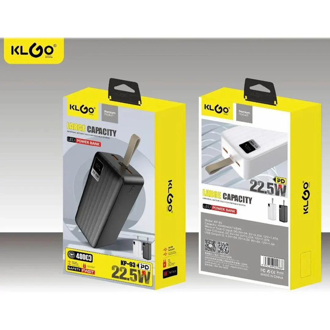 Klgo Kp-93 Power Bank 40000Mah 22.5W Με 2 Θύρες Usb-A Και Θύρα Usb-C Power Delivery Λευκό