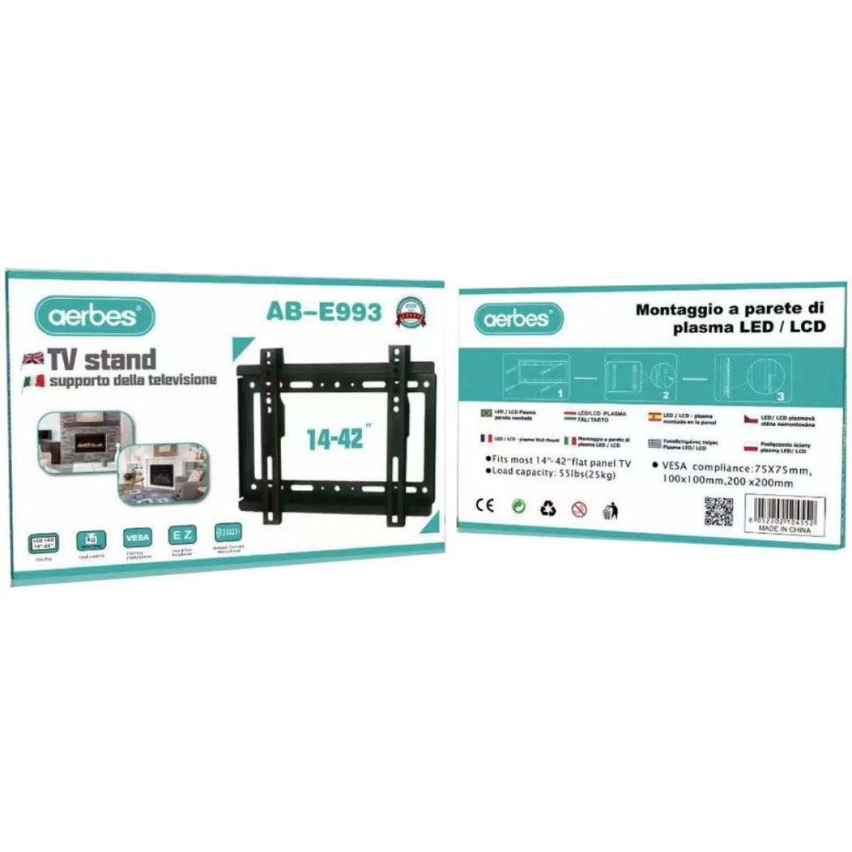 Βάση τηλεόρασης τοίχου έως 42″ και 25kg μαύρη Aerbes AB-E993 μαύρη