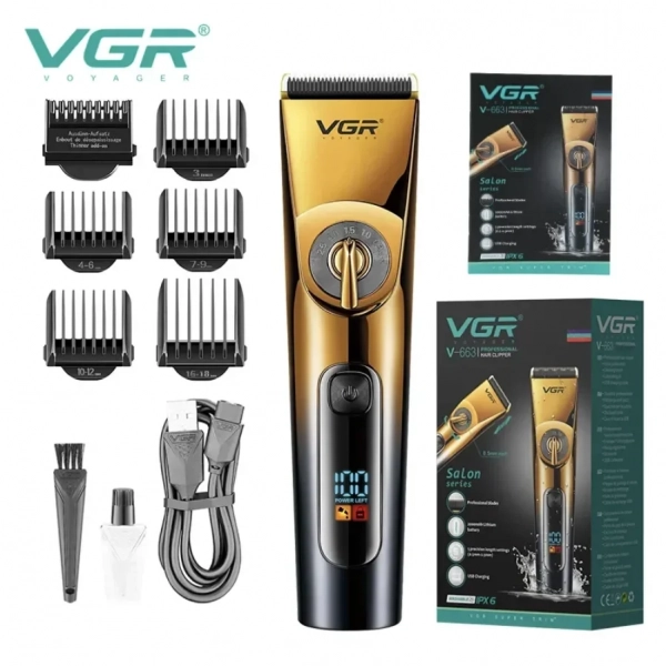 VGR V-663 Επαγγελματική Αδιάβροχη Κουρευτική Μηχανή με USB & οθόνη LED σε Κίτρινο Χρώμα